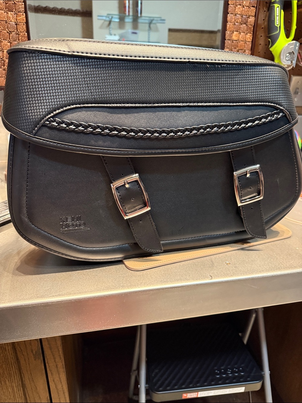 Men's Black Leather Saddle Bag with Braided Trim - motorcycle